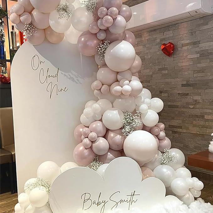 Pink Balloons, 113Pcs Different Sizes Boho Blush Pink Balloon Arch Garland Kit 18/12/10/5 Inch, Dusty Retro Vintage Rose Latex Helium Balloon for Birthday Boho Baby Shower Wedding Party Decorations