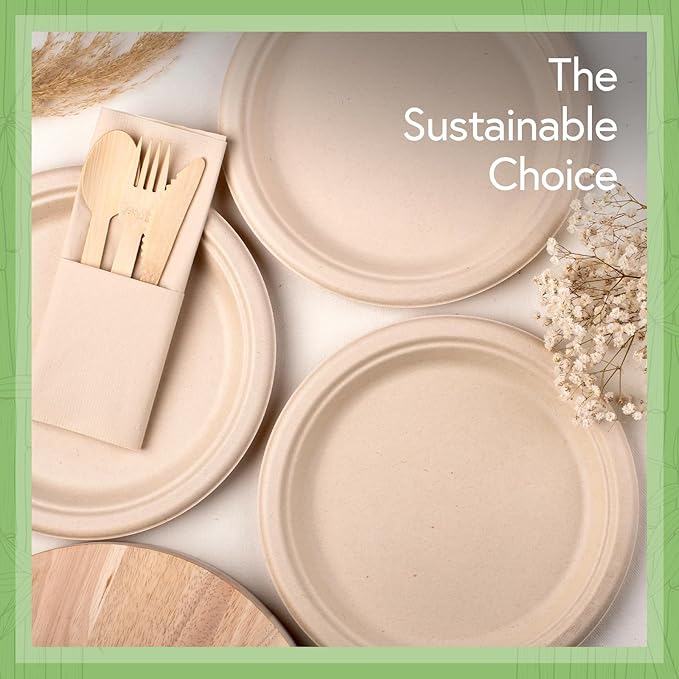 Bamboo Compostable Dinner Plates (500-Pack, 9-inch) | Sturdy & Microwave Safe | Heavy Duty Plates Disposable | PFAS Free, Biodegradable | FSC Certified Alternative to Plastic