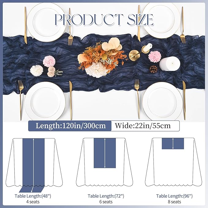 8 Pack Navy Blue Cheesecloth Table Runner 120 Inch 10FT Spring Boho Rustic Sheer Gauze Cheese Cloth Table Runner for Wedding Baby Shower Birthday Party Table Decor