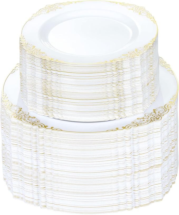 Bestluck 200 PCS White and Gold Plastic Plates for 100 Guests, Gold Disposable Plates Include 100 PCS Dinner Plates, 100 PCS Dessert Plates for Party, Wedding and Graduation