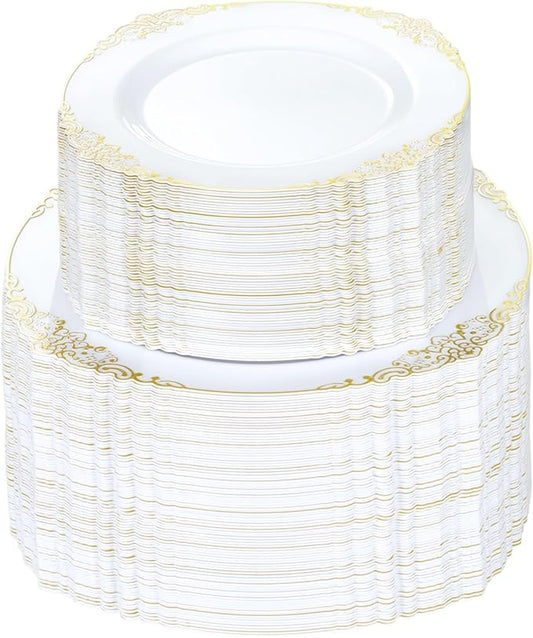 Bestluck 200 PCS White and Gold Plastic Plates for 100 Guests, Gold Disposable Plates Include 100 PCS Dinner Plates, 100 PCS Dessert Plates for Party, Wedding and Graduation