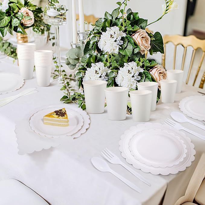 350 Pcs White Paper Plates and Napkins, 50 Guest White Party Supplies Include Scalloped Plates Paper Napkin Cup Plastic Spoon Fork Knive for Baby Shower, Wedding, Birthday