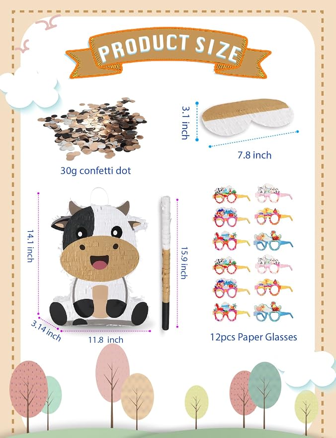 Cute Cow Piñata for Birthday Girls and Boys, Yellow Cow Piñata Includes 12pcs Paper Glasses, Blindfold, Stick, and Confetti, Perfect Farm Animal Themed Party Decorations (16 x 13 x 3.5 Inch)