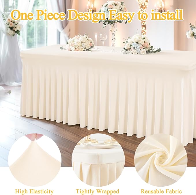 Shillance 2 Packs Ivory Spandex Tableclothes for 8 Foot Rectangle Table, Spandex Table Covers 8FT Stretch Table Skirts Rectangle Wrinkle Free Fitted Table Cloth for Event, Wedding, Banquet & Parties