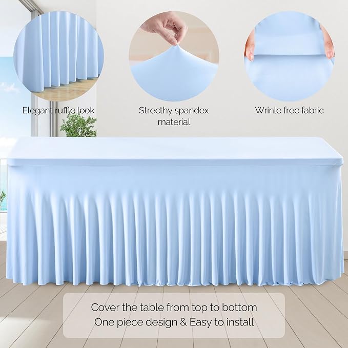 Wish Care 6 Pack Baby Blue Spandex Table Clothes for 8 Foot Rectangle Tables, 8FT Wrinkle Free Fitted Tablecloths Ruffles Design Table Cover for Party, Banquet, Wedding and Events