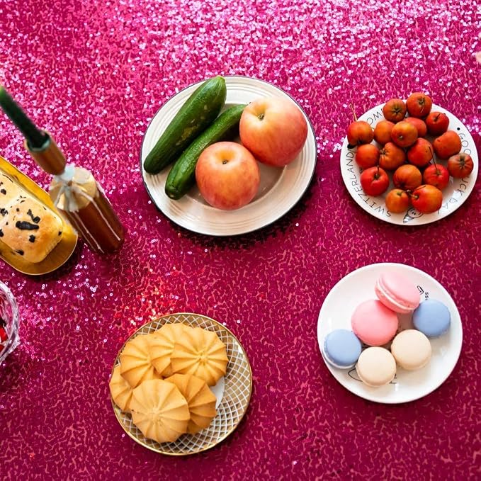 60 x 102 Inch Hot Pink Sequin Tablecloth Rectangle Sparkle Table Cover for Wedding Birthday Party Festival Ceremony Cake Dessert Table Cloth