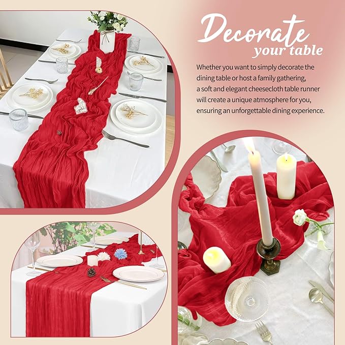 20 Pack Cheesecloth Table Runner Red, Rustic Boho Gauze Fabric Table Runner Romantic Table Runner for Wedding, Festival, Birthday, Anniversary, Dinner and Outdoor Events (17.7 x 108 inch)