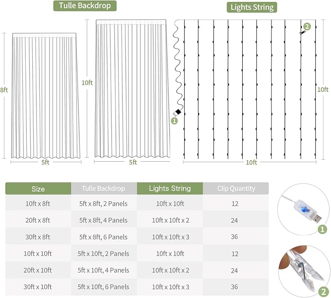 6 Panels Sage Green Sheer Tulle Backdrop Curtains with Lights for Party Wedding Wrinkle Free Curtain Backdrops Drapes for Baby Shower Birthday Photo Back Drop Background Home Decorations 30ft x 8ft
