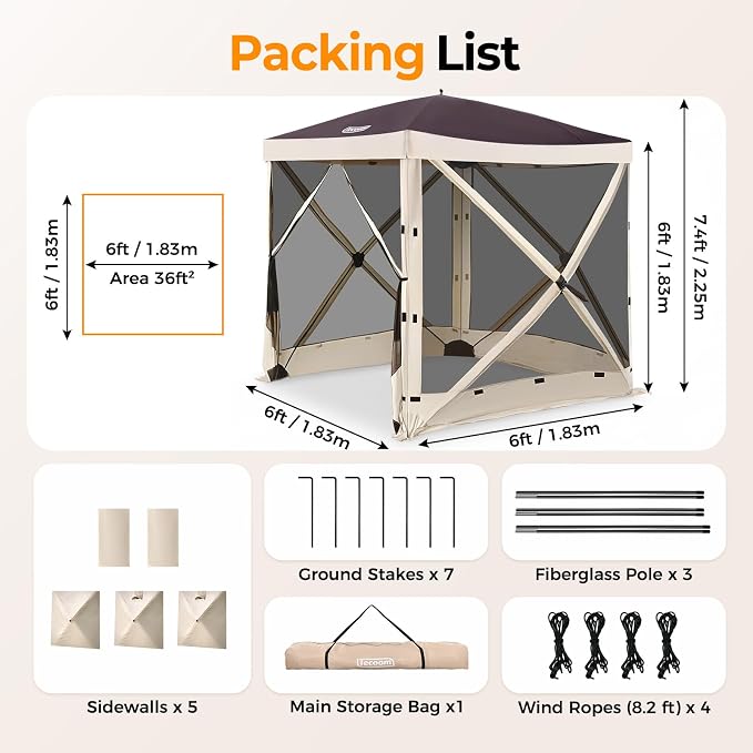 Tecoom 6x6ft 4-Sided Pop Up Gazebo Tent, Canopy Shelter Tent with Mesh Windows for Camping, Portable Shade Tents with Siedwalls, Carrying Bag and Stakes for Outdoor, Garden, Lawn, and Backyard