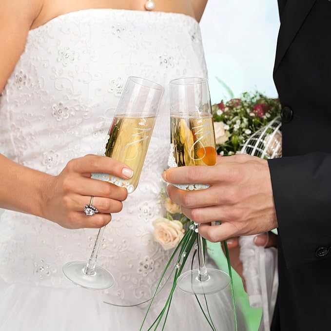 8 PCS Wedding Cake Knife and Champagne Flutes Server Set, Mr and Mrs Champagne Flutes with 2 Forks and 2 Spoons,Bride and Groom Champagne Glasses for Wedding, Engaggement and Bridal Shower Gifts