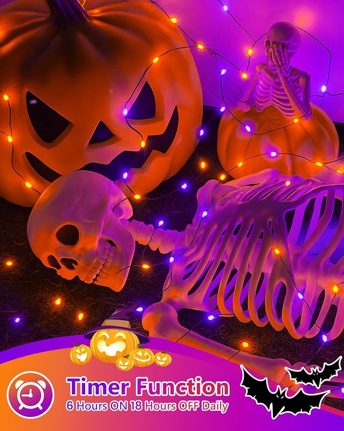 4 Pack 60LED Orange & Purple Fairy Lights Battery Operated with Timer, 20FT Waterproof Christmas Lights Outdoor Indoor, Black Wire String Lights for Bedroom, Party, Centerpiece, Christmas Decorations