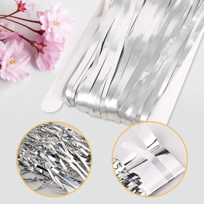 100 Pack Silver Foil Fringe Backdrop Curtains 3.2ft x 8.2ft Silver Tinsel Foil Fringe Curtains for Birthday Party Decorations Photo Booth Backdrop for Halloween Christmas New Year Holiday Decorations