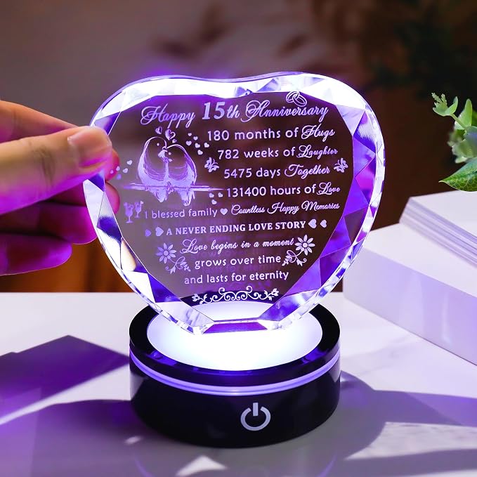 YWHL 15th Wedding Anniversary Crystal Heart Keepsake Gift for Couples with LED Base, Laser Engraved Happy 15th for Wife Husband, Romantic 15 Years of Marriage Gift for Her Him