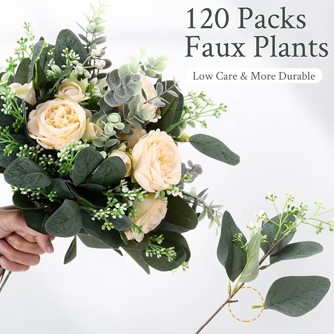 Janinka Mixed Eucalyptus Leaves Stems Bulk with White Seeds Artificial Silver Dollar Leaves Sprays Faux Oval for Wreath Garland Floral Bouquets Arrangement Wedding Greenery Decoration(120)