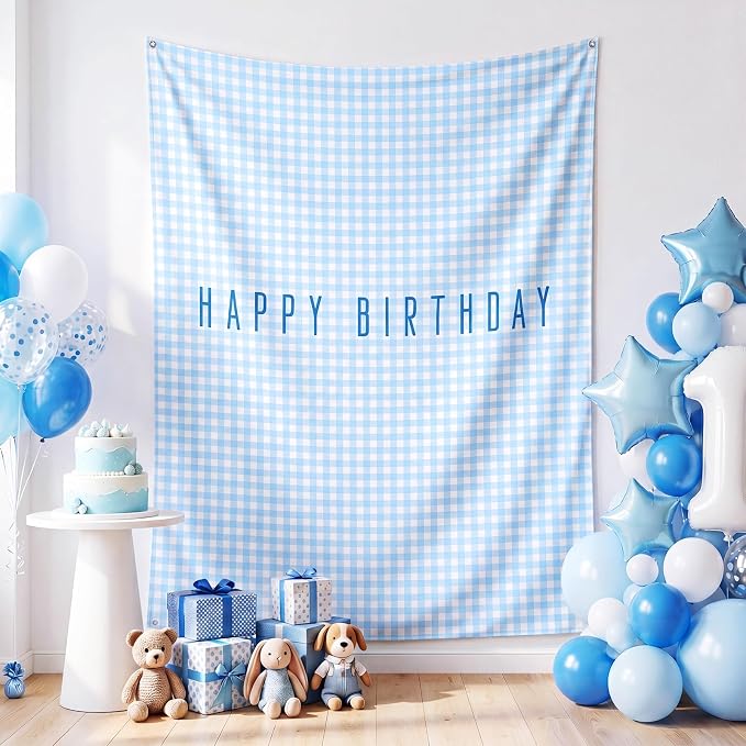 Flutesan 7x5ft Blue Gingham Happy Birthday Backdrop Large Banner Fabric Tapestry Birthday Party Decoration Baby Shower Linen Rustic Background Wall Photo Props Indoor Outdoor