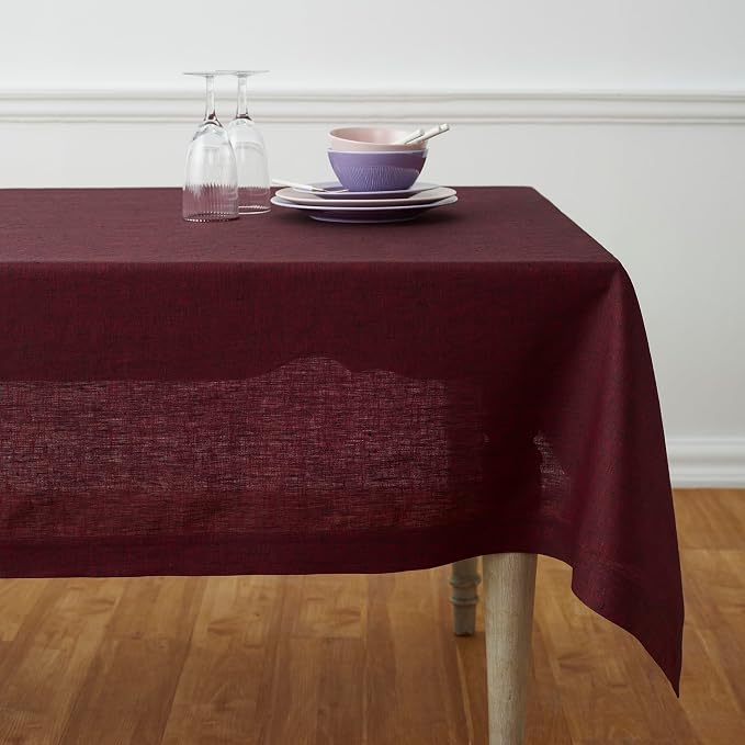 Solino Home Red Garnet Linen Tablecloth 60 x 90 Inch - Athena, 100% Pure Linen Rectangle Tablecloth - Machine Washable Table Cloth