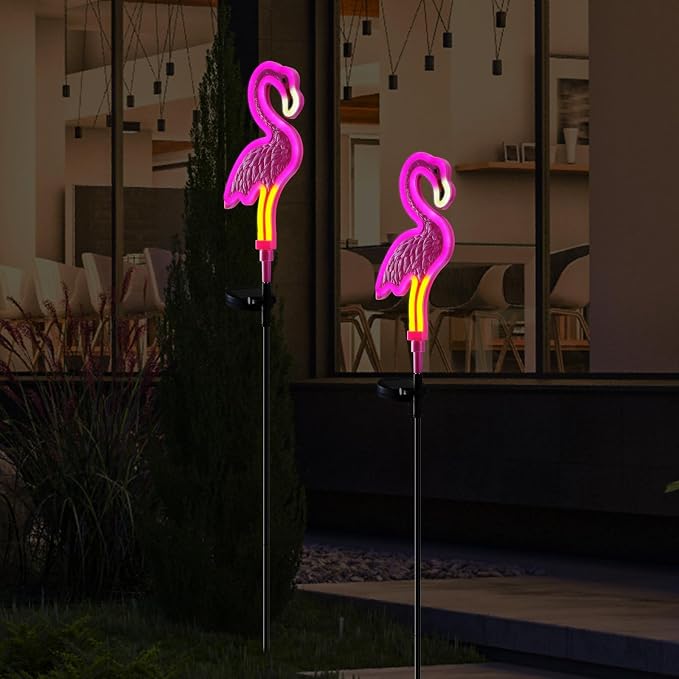 Flamingo Solar Lights Outdoor Decor, Solar Pink Flamingos Outdoor for Yard Decorations,Pink Neon Solar Flamingo Garden Lights for Outside,Pathways,Patio or Lawn Decor,Gifts for Mom(2Pack)