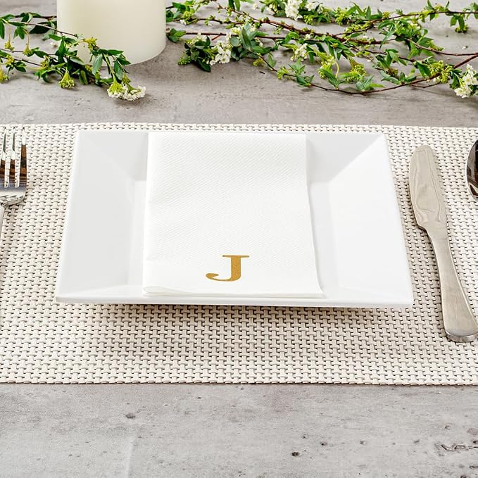 Luxenap 15.8 X 7.9 Inch Linen-Feel Guest Towels, 2000 Lettered Hand Towels - Gold Letter 'J', Sans Serif Font, White Paper Dinner Napkins, airlaid, For Restrooms And Tables
