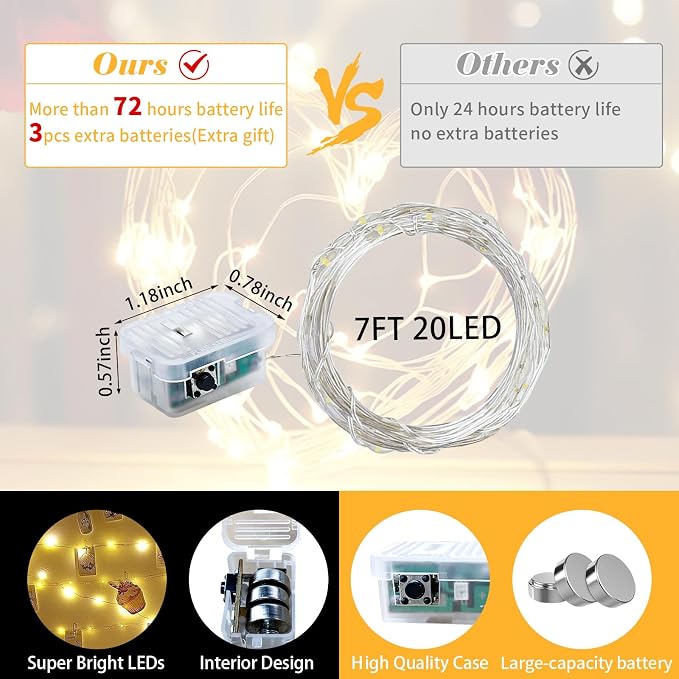 8 Pack Fairy Lights 7Ft 20 LED Twinkle String Lights 3 Modes Battery Operated Waterproof Firefly Starry for Mason Jar Party Wedding Christmas Valentines Day Table Centerpieces,Warm White + White