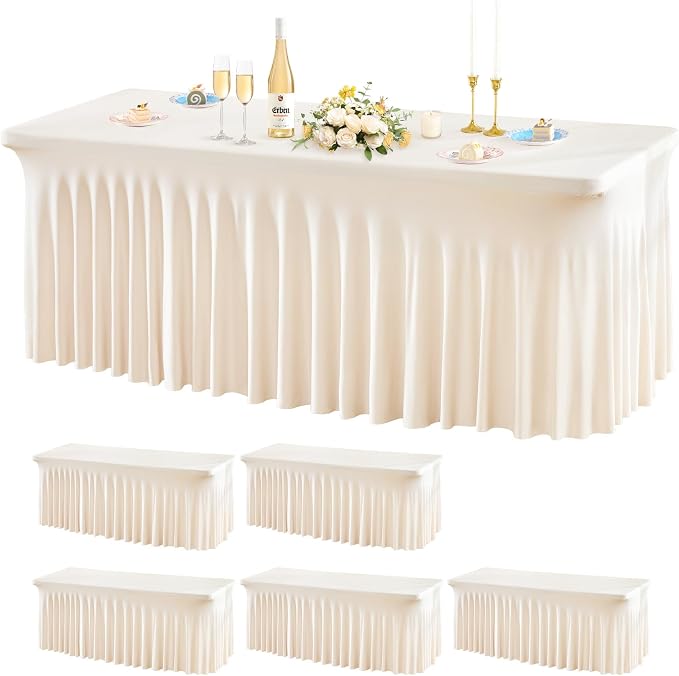 Wish Care 6 Pack Ivory Spandex Table Clothes for 6 Foot Rectangle Tables, 6FT Wrinkle Free Fitted Tablecloths Ruffles Design Table Cover for Party, Banquet, Wedding and Events
