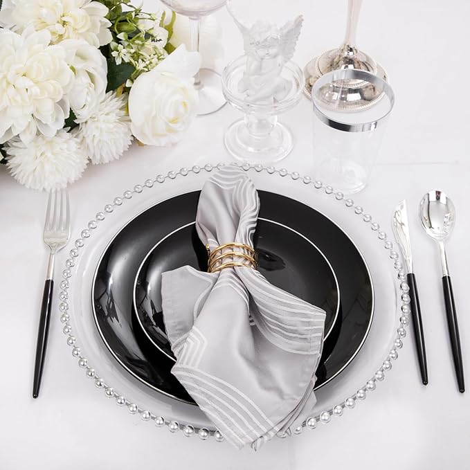 DaYammi 30 Guests Black Plastic Plates with Disposable Silverware,Silver Cutlery with Black Handle,Silver Disposable Dinnerware:60 Dinner/Dessert Plates,90 Plastic Silverware Set for Party Wedding