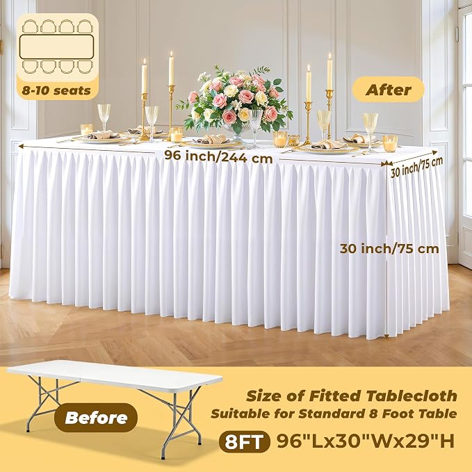 White Polyester Table Cloths for Rectangle 8 Foot Tables, 2 Pack Wrinkle Free Tablecloths Stretchy Banquet Ruffle Fitted Table Cover Desk Skirt for Parties Wedding Birthday Baby Shower