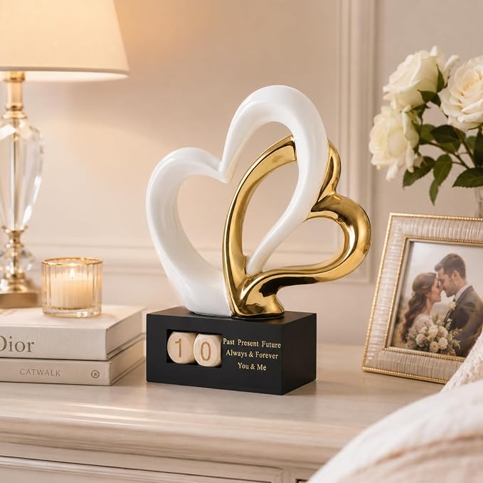Ceramic Heart Sculpture with Date Blocks, White Gold Hearts Statue for Home Decor, Romantic Valentines Day & Wedding for Couple, Shelf Mantel Tabletop Display (White Gold)