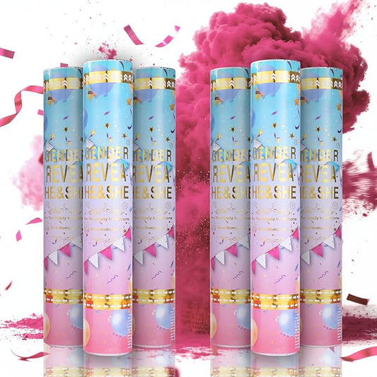 Previvo Gender Reveal Confetti Powder Cannon - 6 Pack Pink Baby Gender Reveal Poppers - 100% Biodegradable Powder Smoke - Baby Party Supplies