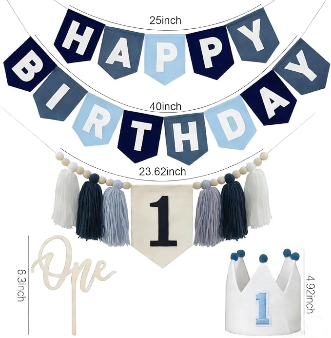 Navy Blue 1st Birthday Decorations for Boy -high chair banner first birthday boy Felt Happy Birthday Banner，birthday cake topper & Crown Hat,All-in-one First Birthday Decor Kit for Baby Boy