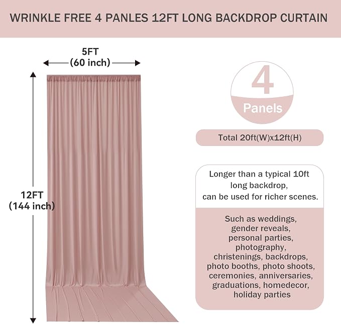 20FTx12FT Dusty Pink Wrinkle-Free Wedding Backdrop Curtain -Silky Washable White Polyester Drapes for Baby Showers, Birthday Parties, Photography, and Wedding Receptions-4 Panels 5FTx12FT
