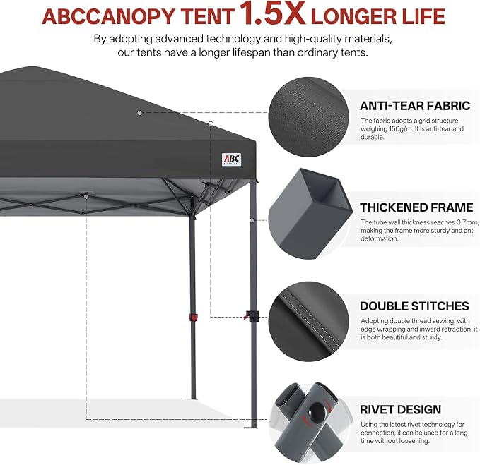 ABCCANOPY 10x10 Pop Up Canopy Tent, Easy Setup Instant Shelter with Wheeled Bag, Heavy Duty Outdoor Canopy for Beach, Market, Backyard, UV Protection, Outdoor Weather Protection (Dark Gray, 10x10)