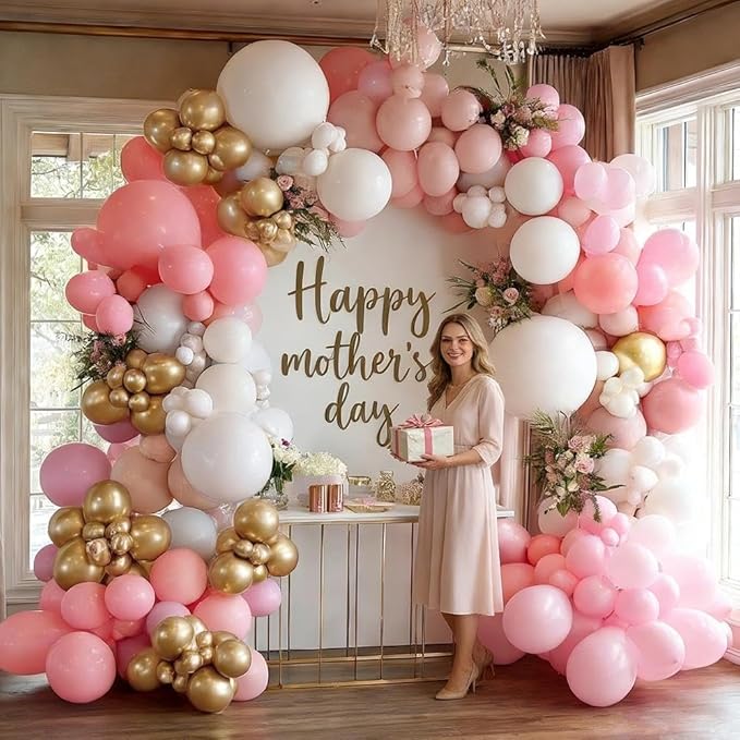 Pink White Gold Balloon Garland, Double Stuffed Pastel Light Pink Cream White Balloon Arch Kit for Baby Shower Birthday Bridal Wedding Mother's Day Party Decorations