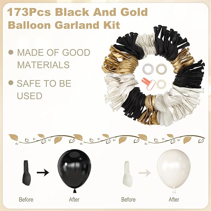 Amandir 173Pcs Black Pearl White Gold Balloons Arch Garland Kit, Pearl White Black Chrome Gold Clear Balloons for Graduation Retirement Wedding Coquette Birthday Bachelorette Party Decorations
