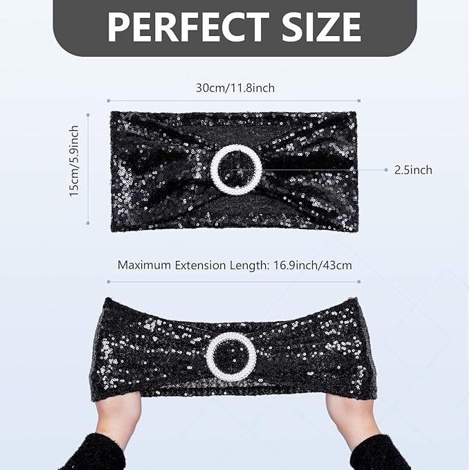 SquarePie Pack of 10 Sequin Chair Sashes Bands Glitter Black Double-Sided Sequins Stretch Chair Cover Bows with Buckle Slider for Wedding Party Fiesta Banquet Decor