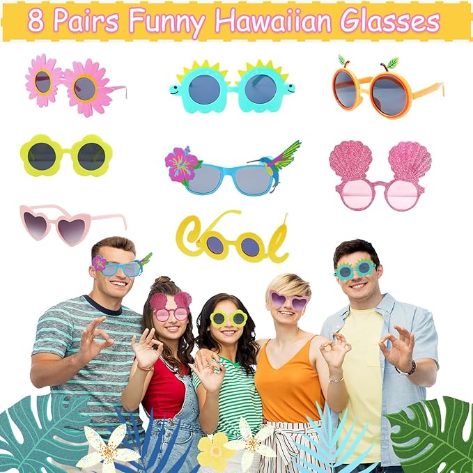 Large Summer Luau Photo Booth Props Set, Funny Hawaiian Sunglasses, Tropical Fancy Dress Props, Inflatable, Hawaiian Photo Booth Props for Summer Pool Beach Tiki Hawaii Themed Party Supplies