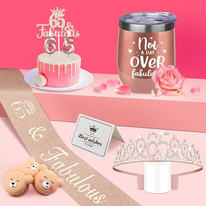 65th Birthday Decorations for Women Including Birthday Tiara and Sash, Candles & Cake Topper, 12oz Wine Tumbler with Lid, 65 Year Old Gifts for Women