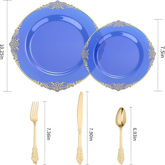 Goodluck 250 PCS Vintage Translucent Blue & Gold Rim Plastic Plates with Cutlery Set - Serves 50 - Heavy Duty Elegant Disposable Dinnerware for Baby Shower, Ocean Theme Party