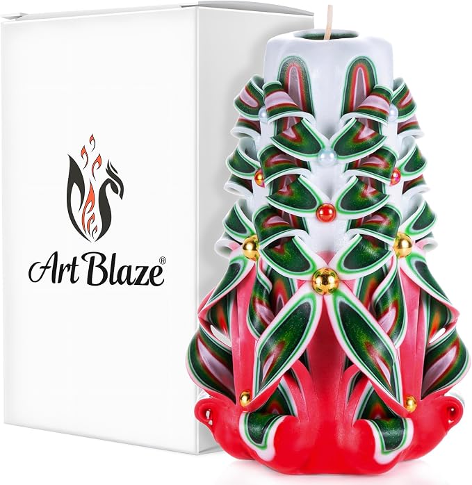 Carved Candles - Handmade Decorative Large Candle – Tall Long Burning Cute Spiral Candles for Women – Table Candle for Home Decor, Cozy Cottage Core Gift - Christmas Gift for Mom - Green&red