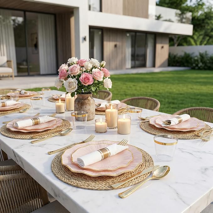 U-QE 175PCS Pink Gold Plastic Plates - Disposable Dinnerware Set for 50 Guests - Pink and Gold Plates and Napkins Party Supplies include 50 Plates, 25 Per Rolled Napkins with Gold Cutlery, 25 Cups