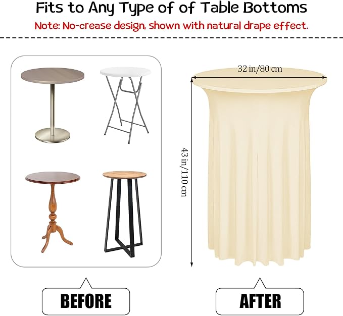 Kochorie 6 Pieces Cocktail Table Skirt Round Cocktail Table Covers 32 x 43 Inch Spandex Stretch High Top Table Cloth for Wedding Table Bar Banquet Party Supplies (Champagne)