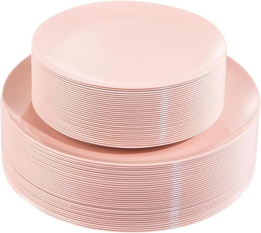 KIRE 60PCS Pink Plastic Plates Disposable - Heavy Duty Pink Plates for Party - Include 30Pieces 10.25inch for Dinner and 30Pieces 7.5inch for Dessert Salad