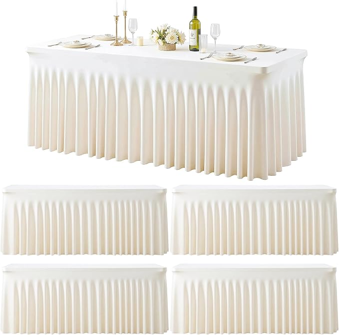 4 Pack 6ft Ivory Spandex Table Cloths for Rectangle Tables Wrinkle Free Ivory Rectangle Tablecloths Stretch Fitted Table Cover with Skirt for Wedding Birthday Party Banquet Baby Shower Buffet Event
