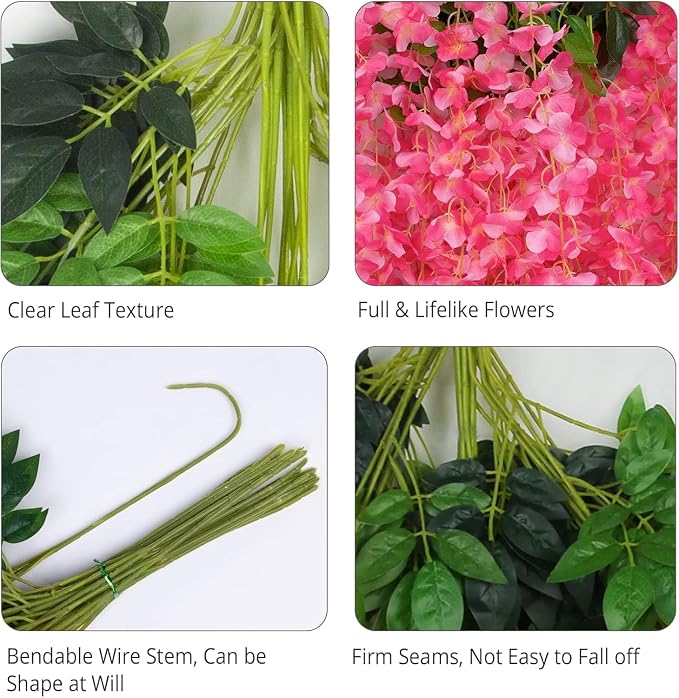 48 Pack Artificial Wisteria Hanging Flowers Fake Wisteria Flower Silk Vines Rattan Decor for Home Wedding Arch Wall Garden Greenery Bedroom Outdoor Office Party Decoration (Dark Pink)