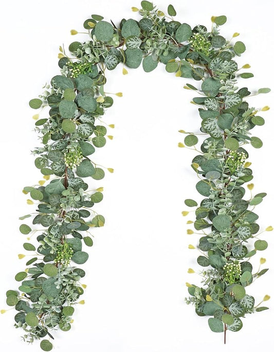 5.9FT Eucalyptus Garland,Artificial Greenery Garland with Berries,Green Spring Garland Decorations,Fake Silver Dollar Eucalyptus Leaves Wreath Garland for Table Home Mantle Wedding Decor