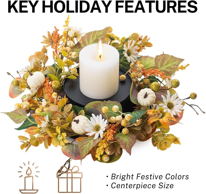 MOYEE Autumn Centerpieces for Tables Candle Ring, Black Metal Candlestick with an Artificial Wreaths 14 in Versatile Dining Table Centerpiece Decor (Pumpkin and Daisy Wreath)