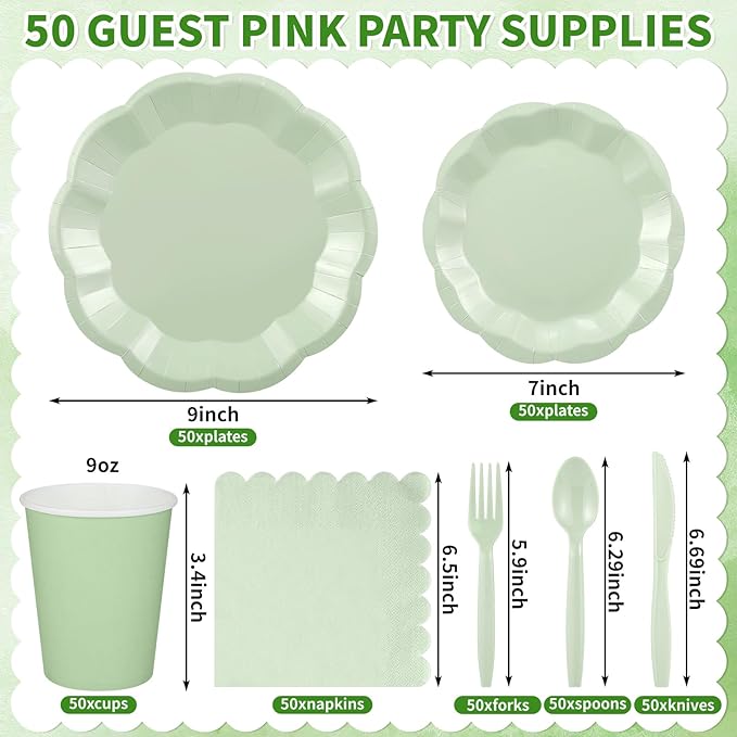 NatNarr 350 Pcs Sage Green Party Paper Plates and Napkins Set Include 9" Dinner Plates & 7" Dessert Plate Disposable Scalloped Tableware Serve 50 Guest for Wedding Baby Shower Bridal Shower Birthday
