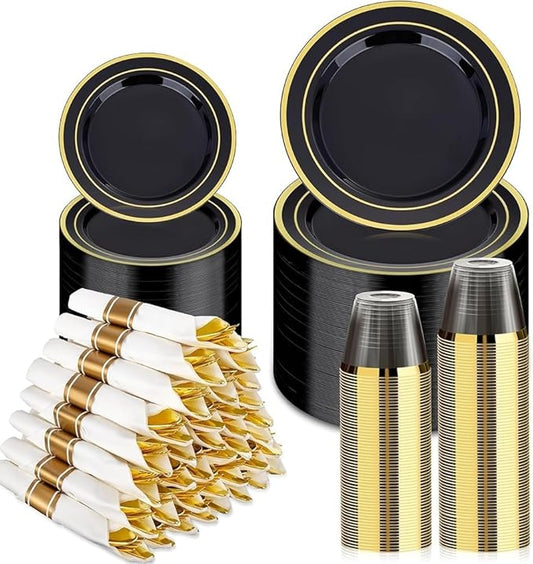 BESTVIP 350PCS Black Gold Dinnerware Set for 50 Guests, Plastic Plates for Halloween Party and Christmas, 50 Disposable Plates, 50 Dessert Plates, 50 Cups, 50 Spoons, 50 Forks and 100 Knives