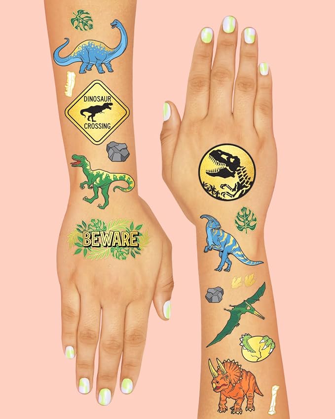xo, Fetti Dinosaur Temporary Tattoos - Gold Foil, 44 pcs | Kids Jurassic Birthday Party Supplies, Dino Party Favor, T-Rex Fossil Decorations