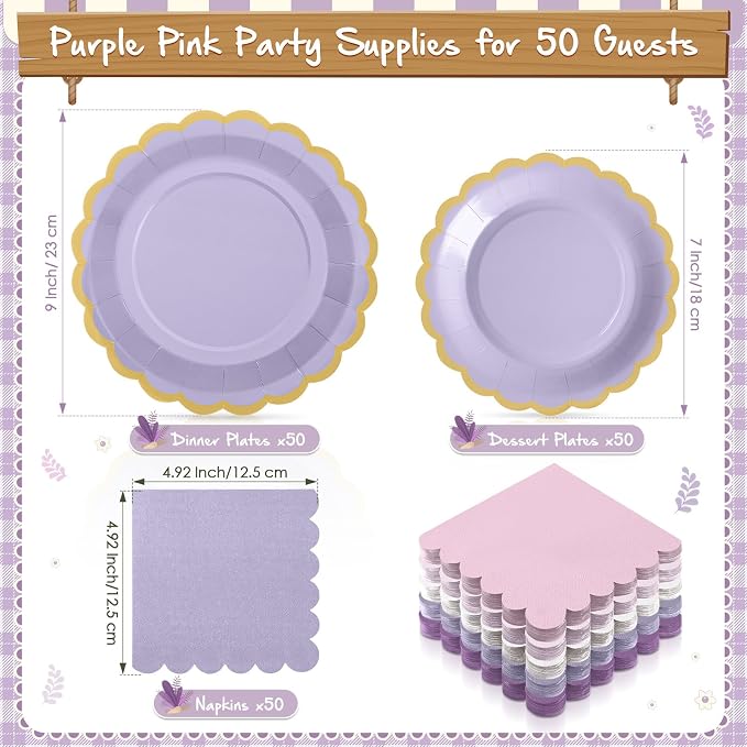 Zhehao 150 Pcs Pink and Purple Plates and Napkins Tableware Serves 50 Includes 9 Inch 7 Inch Purple Scalloped Edges Paper Plate and Napkins for Wedding Birthday Baby Shower Party