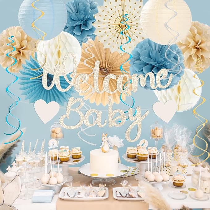 Light-Dusty Blue Boho Baby Shower Party-Decorations Beige Champagne Boy Neutral Welcome Baby Banner Décor With Honeycomb Balls Circle Dots Garland Lantern PomPoms Flowers Hanging Swirls Party Supplies